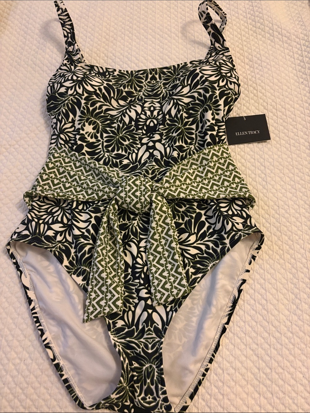 Ellen Tracy Black, White & Green One-Piece Swimsuit with Waist Sash